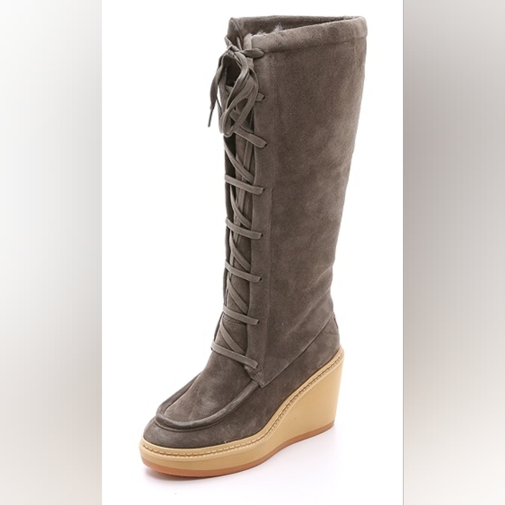 see By Chloe Women's Suede Sherpa Shearling Wedge Boots - Gray Sz 6.5, EU 36.5